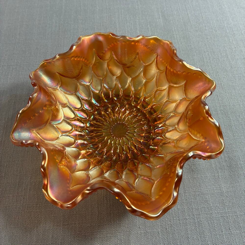 Vintage Marigold Carnival Glass Ruffled Bowl Petal Pattern 6.5 Inch